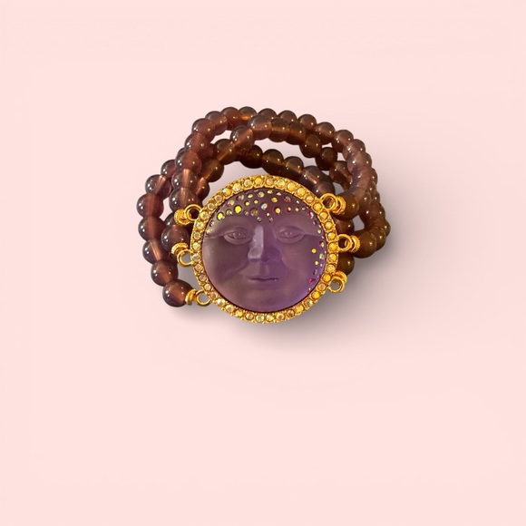 Kirk's Folly Purple Moon Face Beaded Bracelet | Gold Tone Rhinestone Celestial - Picture 4 of 4